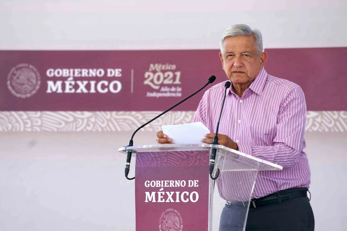 El presidente Andrés Manuel López Obrador durante el inicio de las obras del proyecto "Agua Saludable para La Laguna" en Torreón, Coahuila, el 15 de agosto de 2021. Foto cortesía Presidencia