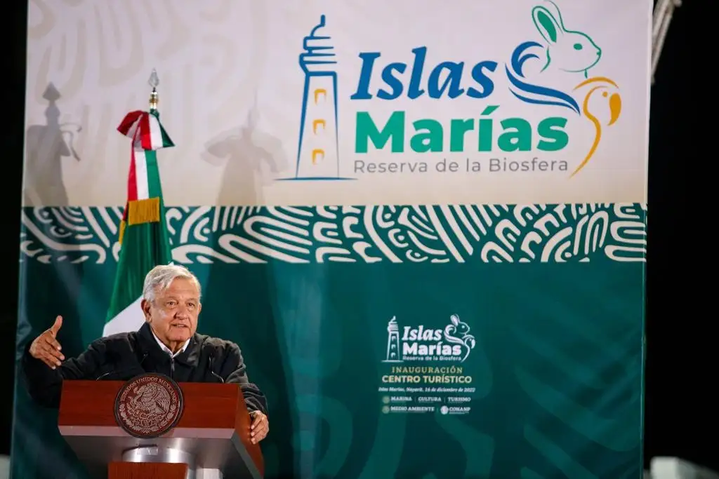 El presidente Andrés Manuel López Obrador durante la inauguración del Centro Turístico Islas Marías. Foto Pablo Ramos