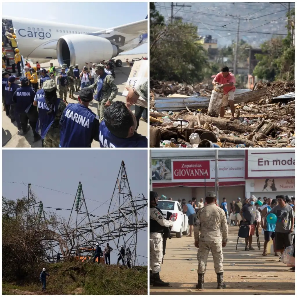 Arriba, a la izquierda, marinos ayudan a descargar un Airbus 330 de Awesome Cargo, el cual arribó con 10 toneladas de ayuda humanitaria a la terminal de Acapulco. A la derecha, desolación en la colonia Renacimiento. Abajo, labores de rehabilitación de las torres de energía eléctrica derrumbadas por ‘Otis’ y, por último, largas filas para conseguir combustible. Fotos Pablo Ramos y Alfredo Domínguez