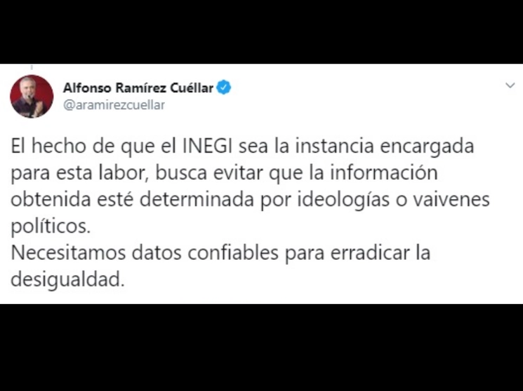 Tuit publicado por el dirigente nacional de Morena, Alfonso Ramírez Cuéllar, sobre la propuesta relativa al Inegi