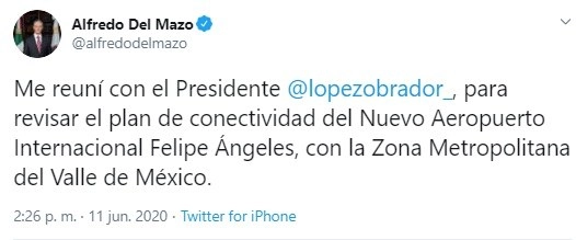Imagen del mensaje publicado por el gobernador del estado de México en su cuenta de Twitter @alfredodelmazo