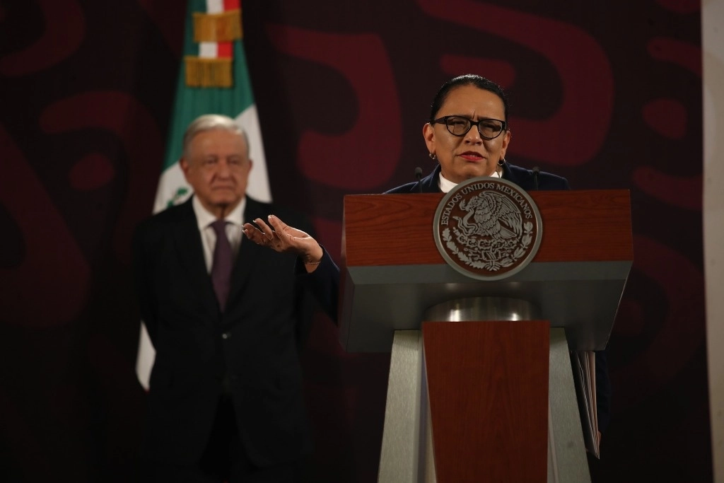 Rosa Icela Rodríguez, titular de la SSPC, en la conferencia matutina del presidente Andrés Manuel López Obrador, el 26 de julio de 2024. Foto Yazmín Ortega Cortés