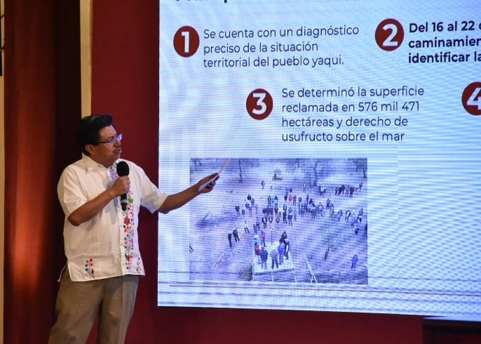 Adelfo Regino, titular del INPI, durante la presentación de avances del “Plan de Justicia del Pueblo Yaqui”. Foto Cortesía INPI
