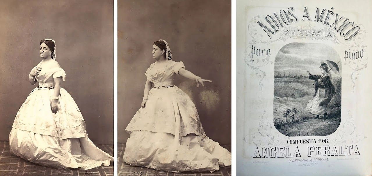 Ángela Peralta como Lucía de Lammermoor, retratada por Giovanni Battista Ganzini, cerca de 1865. Albúminas. Colección particular. La imagen forma parte del artículo 'Verde, blanco y encarnado: Los retratos de Ángela Peralta durante el Segundo Imperio Mexicano', de Gustavo Amézaga; luego, portada de la partitura 'Adiós a México', que forma parte de 'Álbum musical' de 1938. 