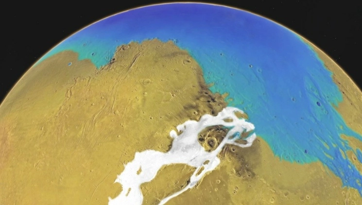 Esta imagen conceptual revela cómo pudo haber sido la región de Kasei Valles en Marte hace 3 mil millones de años. Las áreas blancas son glaciares y las azules representan el océano.Foto Europa Press