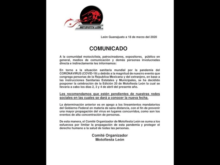 Comunicado de la Motofiesta León publicado en Facebook. Foto Facebook @MotofiestaLeonOficial