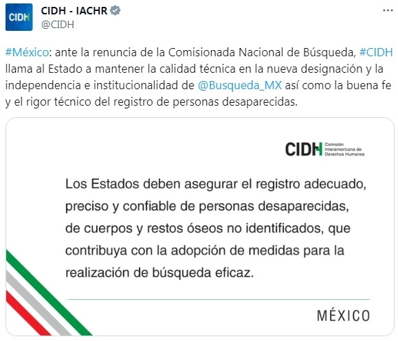 Publicación de la CIDH en su perfil de X.