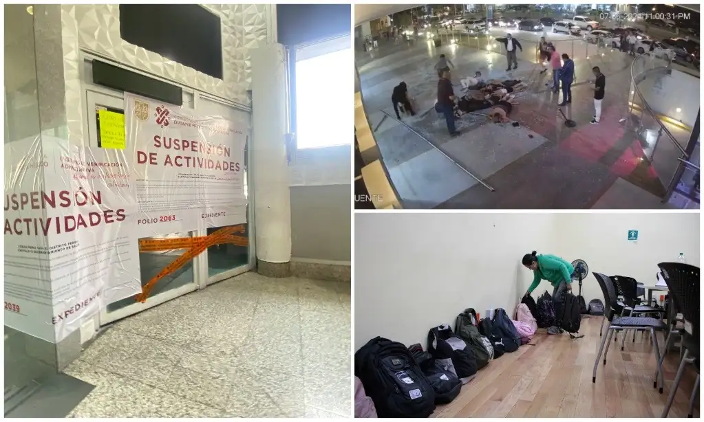 El Gobierno de CDMX anunció que iniciará acciones penales contra los propietarios de los antros y el edificio de Madero 20 en el centro de la capital (imagen izquierda), donde al menos ocho menores de edad resultaron intoxicados por la ingesta de alcohol. Muchos chicos que fueron al Vocafest dejaron sus mochilas (abajo a la derecha). en SLP, la madrugada del viernes, dos jóvenes murieron y 15 resultaron lesionados al romperse un barandal del tercer piso en un centro comercial (arriba a la derecha). Fotos ‘La Jornada’ y tomada de video 
