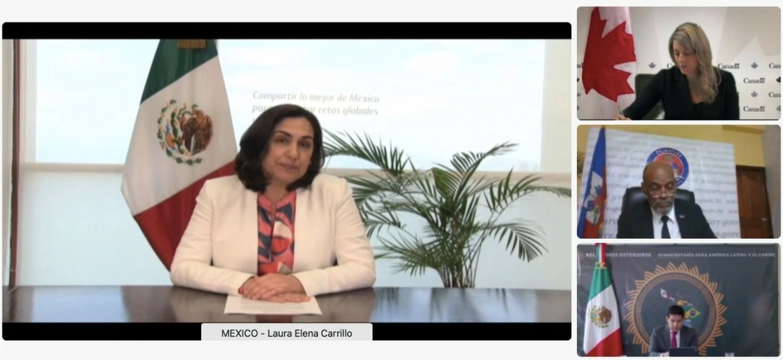 La titular de la Amexcid, Laura Elena Carrillo Cubillas durante el encuentro virtual. Foto tomada de la cuenta de Twitter @SRE_mx