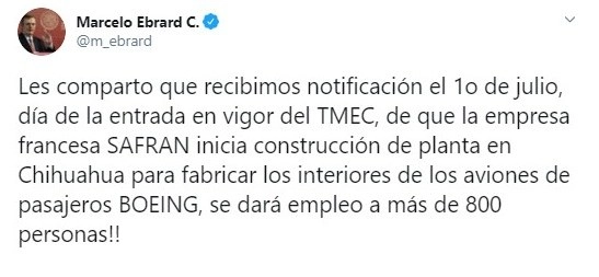 El secretario de Relaciones Exteriores, Marcelo Ebrard, informó que una empresa europea de la industria aeronáutica realizará inversiones en el país. Captura de imagen de Twitter @m_ebrard