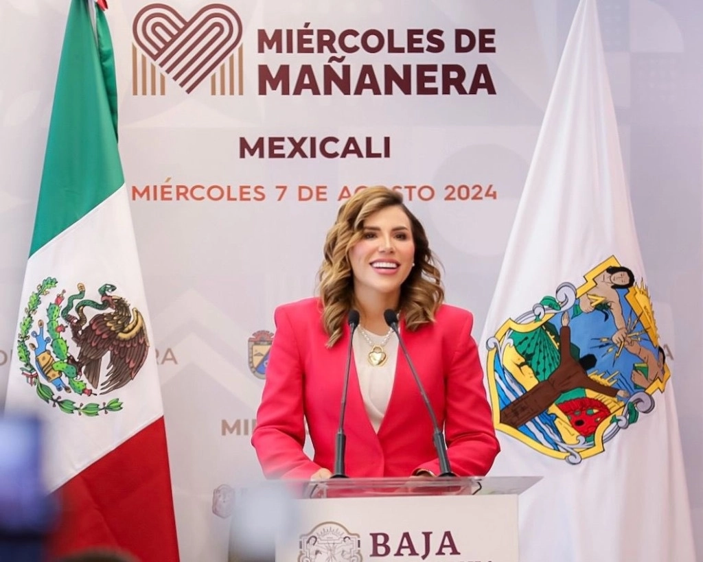 La gobernadora de Baja California, Marina del Pilar Ávila, durante una conferencia de prensa el 7 de agosto de 2024. Foto Tomada de X @MarinadelPilar