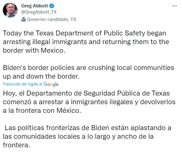 Publicación en twitter del gobernador republicano de Texas.