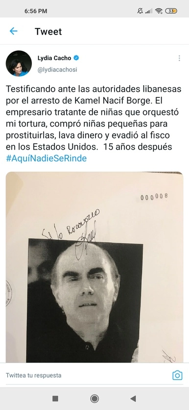 Publicación de Lydia Cacho en su cuenta de twitter