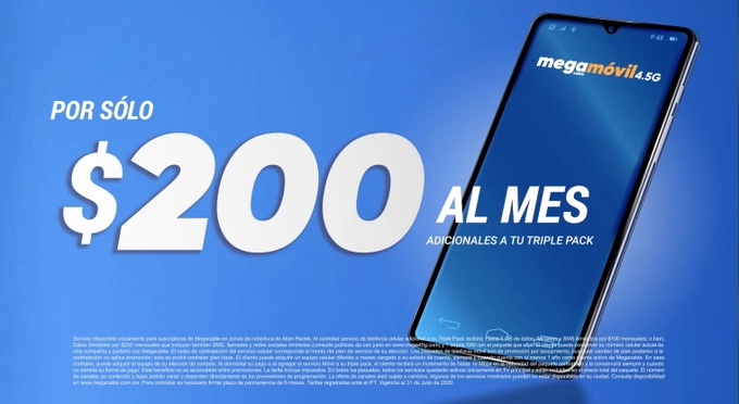 La empresa detalló que también, independiende del paquete que se elija, se ofrece la opción de contratar el servicio de telefonía móvil con Internet, SMS y llamadas ilimitadas por 200 pesos mensuales por línea. Imagen tomada del Twitter @Megacable