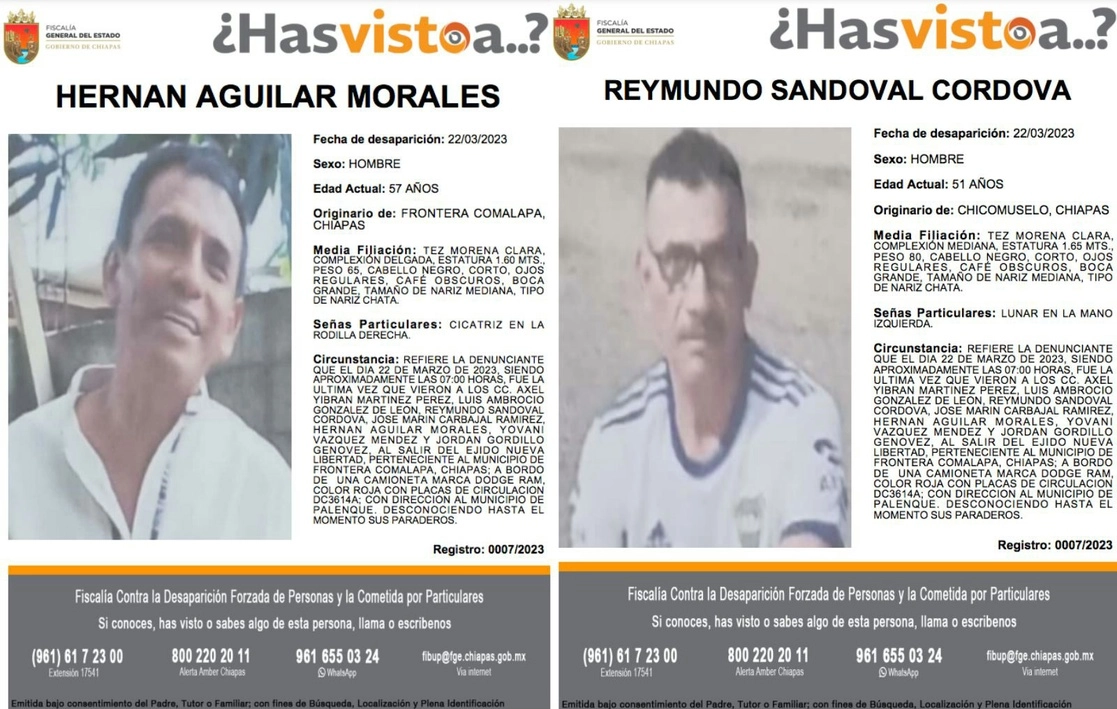 El tesorero, Hernán Aguilar Morales, de 57 años y el vocal Raymundo Sandoval Córdova, de 51, llegaron a Nueva Libertad la mañana del miércoles. Foto tomada de https://www.fge.chiapas.gob.mx