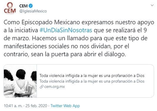 Imagen del tuit publicado por la Conferencia del Episcopado Mexicano
