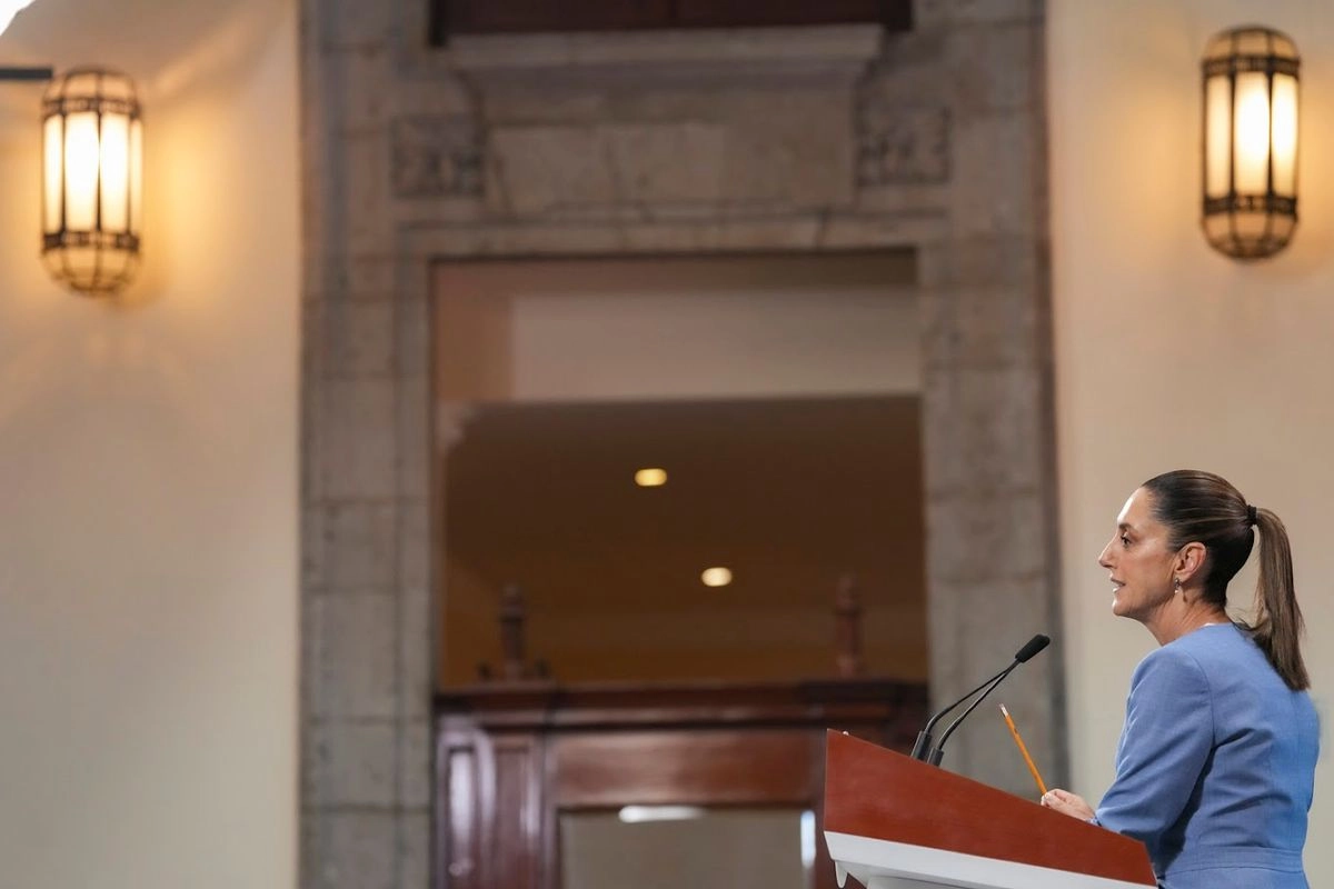 La presidenta Claudia Sheinbaum durante su conferencia matutina en Palacio Nacional, en la Ciudad de México, el 1 de agosto de 2025. 