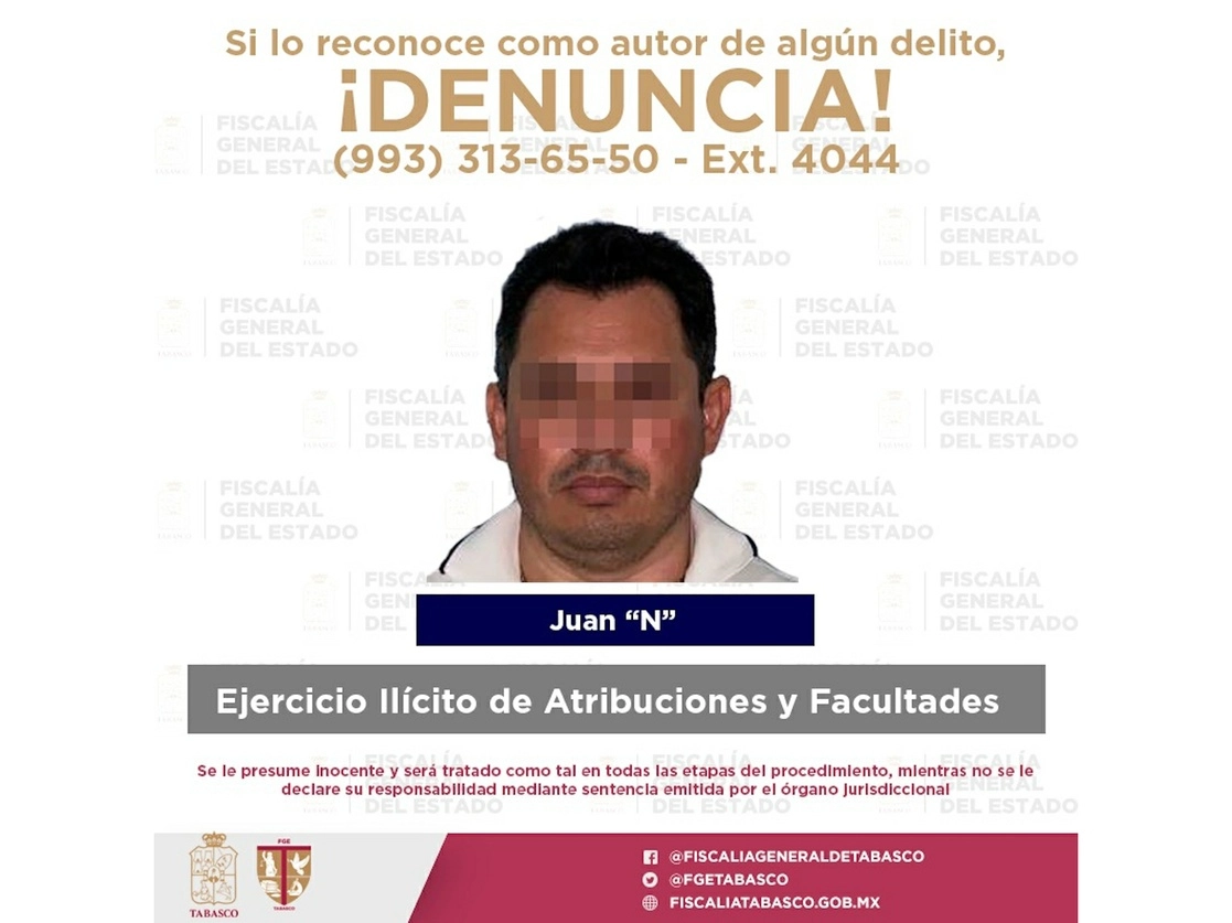  Juan ‘N’ fue detenido el lunes, puesto a disposición del Juez de Control de la Región Judicial Nueve y quedó formalmente preso en el reclusorio estatal de Villahermosa. Foto tomada de Twitter @FGETabasco