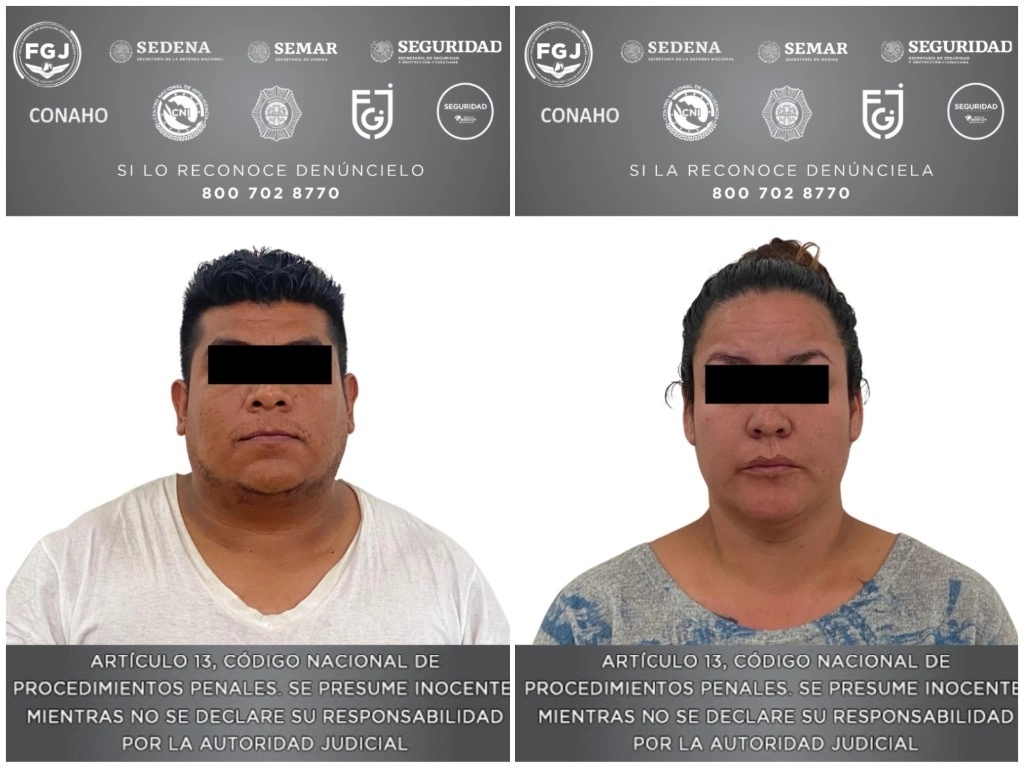 Los detenidos, identificados como Eric Gerardo N, de 36 años, y Lorena Janet N, de 34, fueron arrestados en Ecatepec. Foto FGJEM 