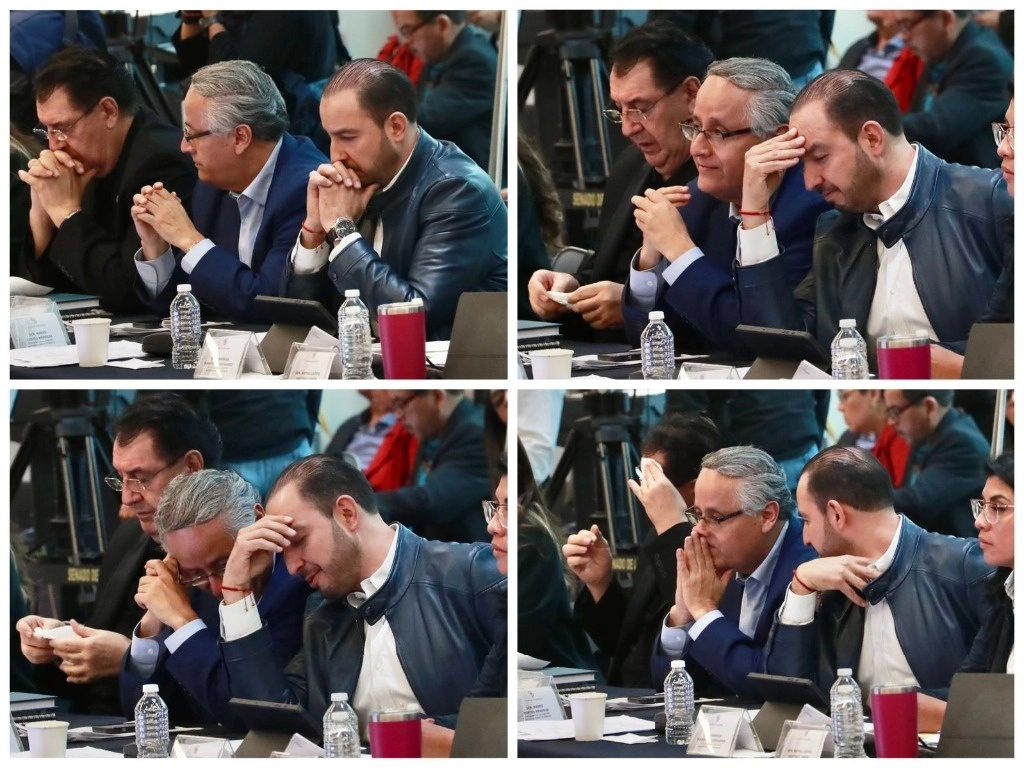 Los legisladores Alejandro González, Gustavo Sánchez y Marko Cortés después de la primera ronda de votaciones de la reforma judicial en la sesión de comisiones unidas del Senado. Fotos: Luis Castillo