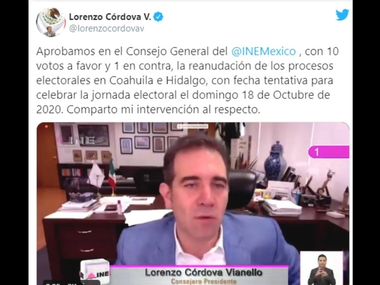 El Consejo General (CG) del INE aprobó que las elecciones de Hidalgo y Coahuila se realicen el 18 de octubre, aunque estará atento a los planteamientos de las autoridades de Salud, entre ellas el Consejo de Salubridad General, sobre el desarrollo de la pandemia de Covid-19. Imagen tomada del Twitter de @lorenzocordovav