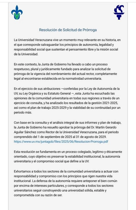 La Junta añade que con la prórroga se busca “preservar la estabilidad institucional” así como proteger la autonomía de la máxima casa de estudios de la entidad veracruzana.

