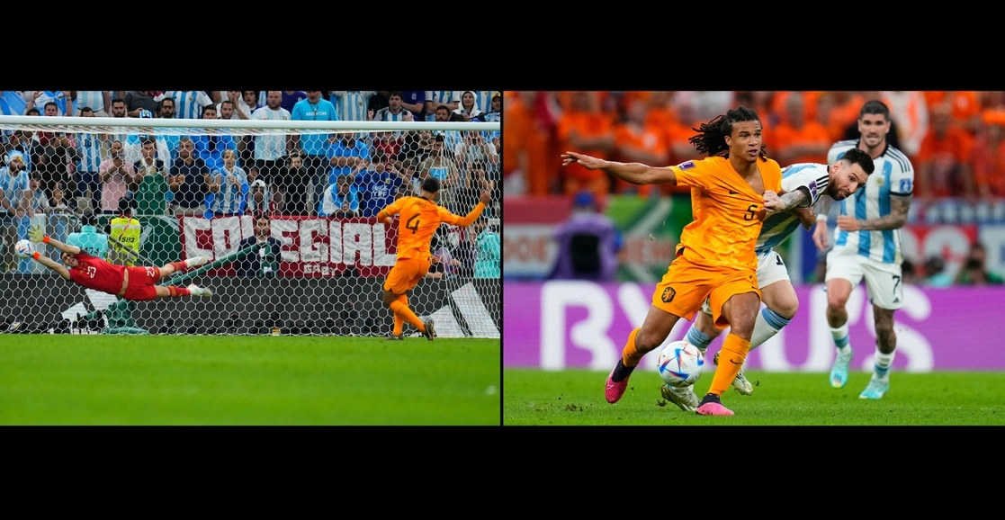 atajar los tiros de Virgil van Dijk (a la izquierda) y Steven Berguis. En un partido por momentos muy trabado, Messi, quien sí acertó su disparo de pena máxima, intenta detener al neerlandés Nathan Aké. Foto Ap
