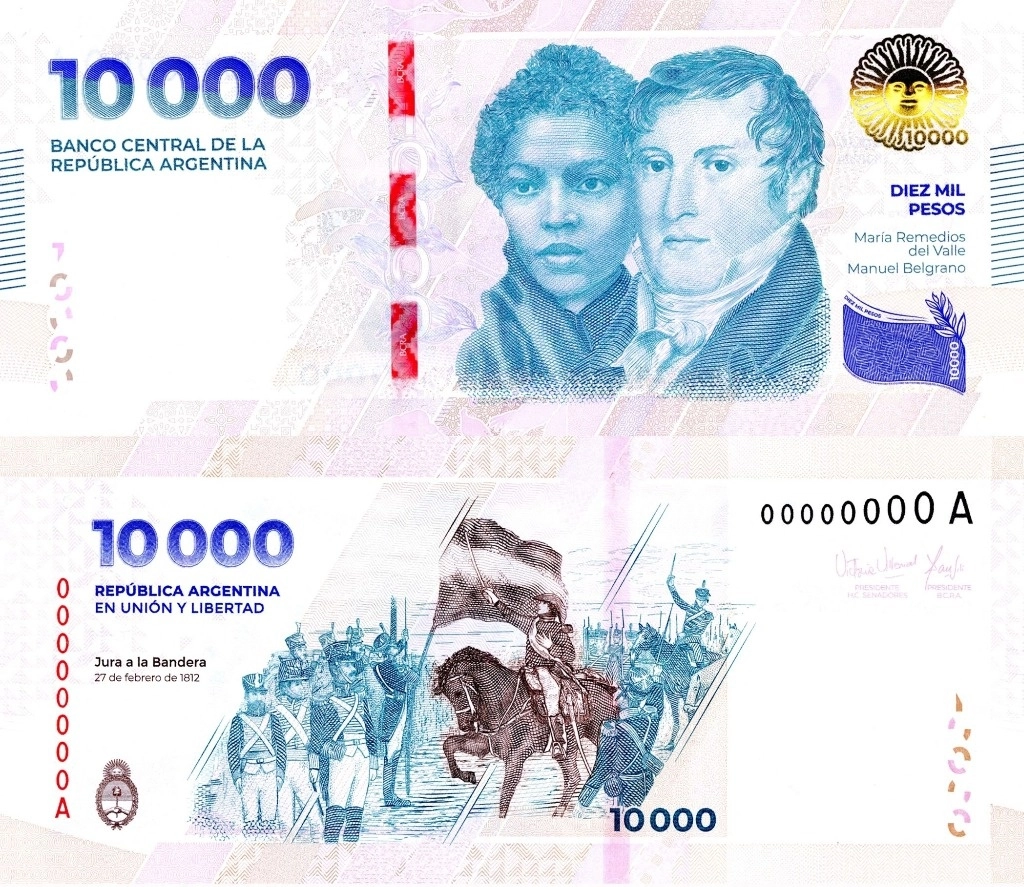 Argentina puso en circulación un billete de 10 mil pesos (11 dólares) que será el de mayor denominación, superando el de dos mil pesos (2.20 dólares) lanzado hace un año como respuesta a la alta inflación del país. Foto Banco Central de Argentina vía Afp