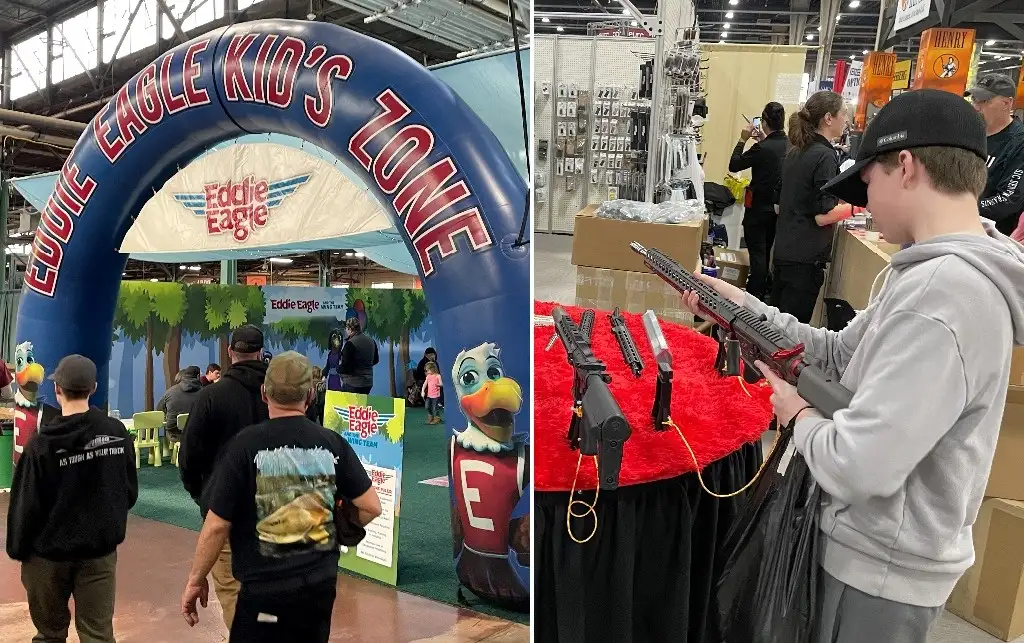 En el espacio de deportes de tiro, un menor puede tocar armas semiautomáticas, pistolas, lentes de visión nocturna, chalecos antibalas y otros pertrechos. La exposición está diseñada para toda la familia e incluye zona de diversión para niños. Fotos Jim Cason