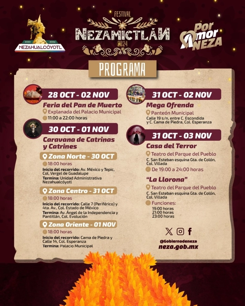 El presidente municipal, detalló que durante el Festival NezaMictlán 2024 se llevarán a cabo otras actividades a partir de este lunes 28, y hasta el domingo tres de noviembre. Foto @GobNeza