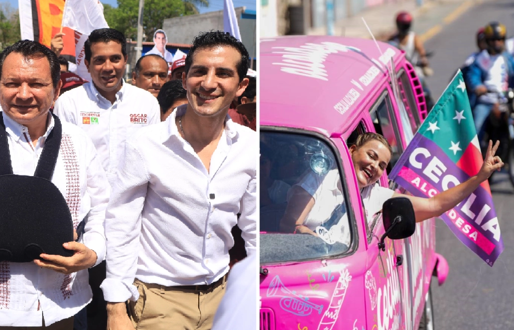 De izquierda a derecha, aparecen Huacho Diaz y Rommel Pacheco, candidatos a la gubernatura de Yucatán y alcaldía de Mérida, respectivamente, por parte de Morena, PT y PVEM. En lado contrario, se ve a Cecilia Patrón Laviada, candidata del PRI,PAN y Nueva Alianza para la capital yucateca. Fotos Luis Boffil