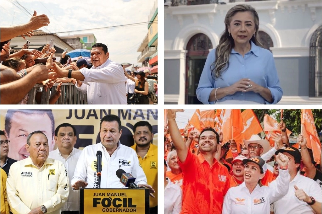Los candidatos a la gubernatura de Tabasco, de izquierda a derecha, Javier May Rodríguez (Morena, PT y PVEM); Lorena Beaurregard (PAN y PRI); el perredista Juan Manuel Fócil, y María Inés de la Fuente Dagdug, aspirante de Movimiento Ciudada-no. Fotos tomadas de los perfiles de May, Jorge Álvarez Máynez, Beaurregard y JTNoticias.com de la red social X
