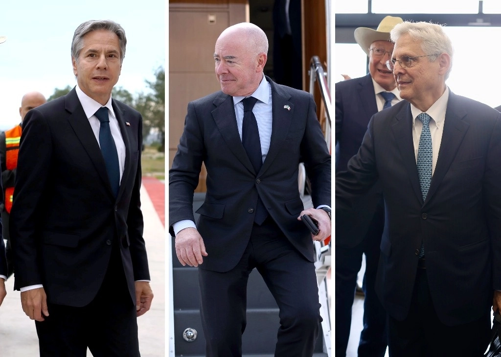 Los secretarios de estado, Antony Blinken; de seguridad Interior, Alejandro Mayorkas, y el fiscal general Merrick Garland encabezan la delegación que participa hoy en Palacio Nacional en el diálogo de Alto Nivel sobre seguridad entre Estados Unidos y México. Fotos Ap y Afp