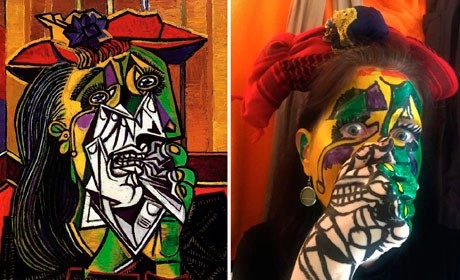 En la imagen de la izquierda, ‘Mujer que llora’, obra de Pablo Picasso, recreada por la ucraniana Katrusya Kosilkova para la página de Facebook Izoizolyacia, como parte del ejercicio creativo emprendido en medio del encierro. Fotos Ap