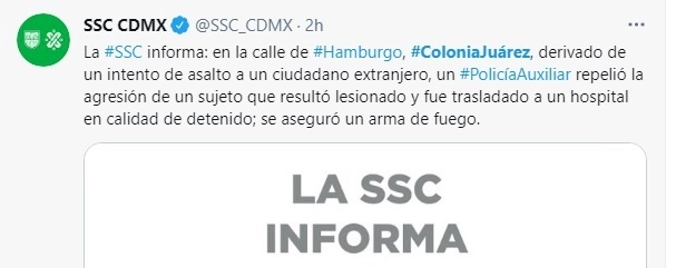 La Secretaría de Seguridad Ciudadana informó que la balacera ocurrió en la zona rosa. Foto @SSC_CDMX