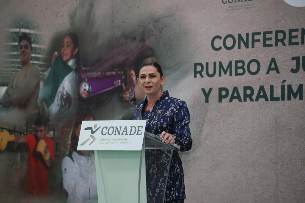 La directora de la Conade, Ana Gabriela Guevara, ofrece conferencia de prensa con motivo de los Juegos Olímpicos y Panamericanos, en las instalaciones de la dependencia, en la Ciudad de México, el 22 de julio de 2024. Foto María Luisa Severiano