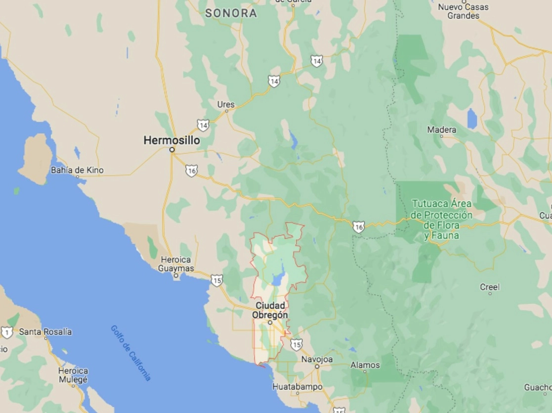 En acciones llevadas a cabo en Cajeme, Sonora, por personal de la Semar y de la FGR lograron el aseguramiento aproximadamente de 420 mil 03 dosis de metanfetamina, 204 kilogramos de mariguana y dos kilogramos de cocaína. Imagen tomada de Google Maps