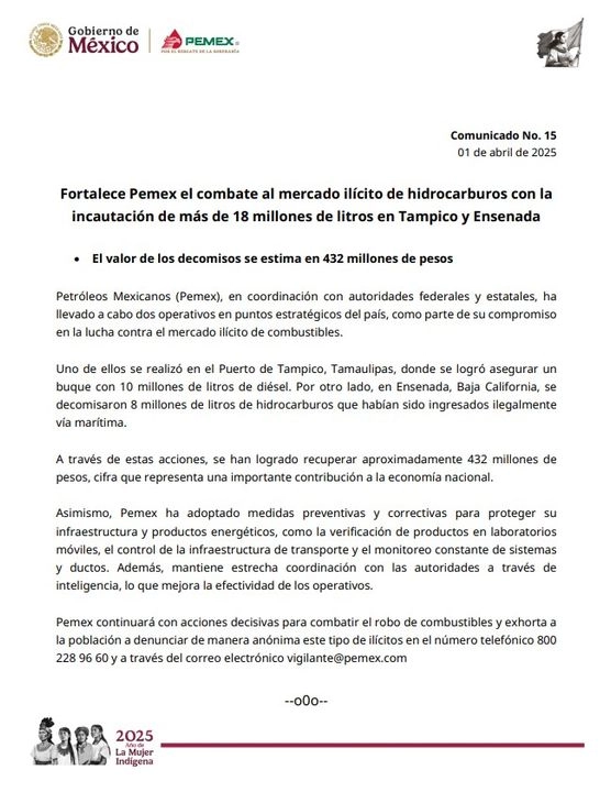Comunicado de Pemex sobre el decomiso. Foto