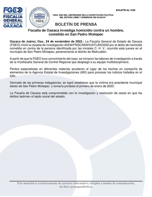 Comunicado de la Fiscalía General de Oaxaca.