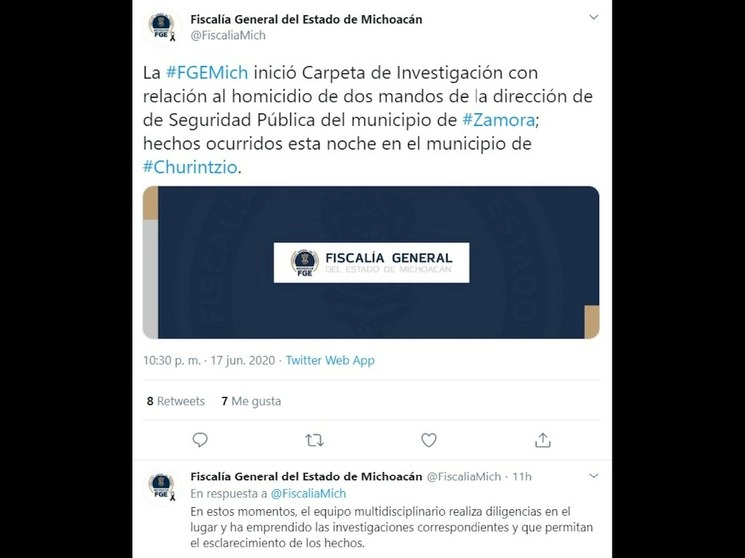 La Fiscalía michoacana informó, vía Twitter, que inició las investigaciones correspondientes a este doble homicidio. Foto tomada de dicha red social @FiscaliaMich