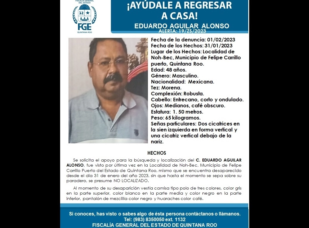 La FGE identificó el cuerpo de Eduardo Aguilar Alonso, comisario ejidal de Noh-Bec y quien permanecía desaparecido desde el 31 de enero. Foto omada del Twitter @FGEQuintanaRoo
