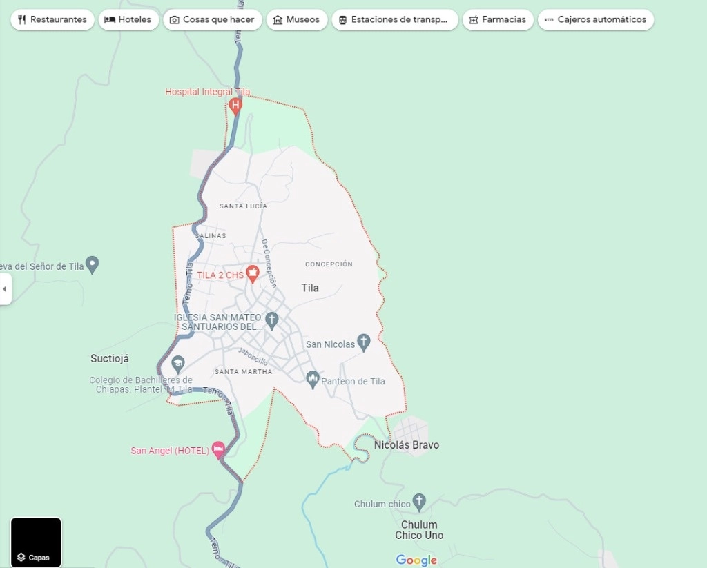 El ejido Tila, ubicado en el municipio del mismo nombre, en el norte de Chiapas, denunció que miembros de un “grupo criminal”, asesinaron a balazos a Carmen López Lugo. Imagen tomada de Google Maps 