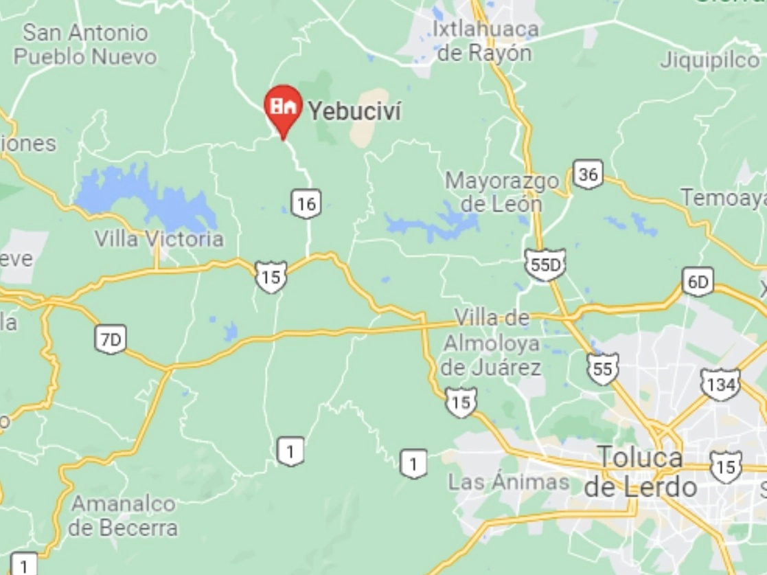 El priista Santos Conteras Garduño, séptimo regidor del ayuntamiento de Almoloya de Juárez, y su hermano Israel, fueron asesinados en la comunidad de Río Frío Yebuciví de esta demarcación del Valle de Toluca, el 27 de septiembre de 2021. Imagen tomada de Google Maps