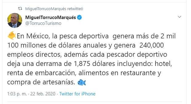 Miguel Torruco, secretario de Turismo. expresó en sus redes sociales las razones por las que rechazan la liberación del pez Dorado. Foto @TorrucoTurismo
