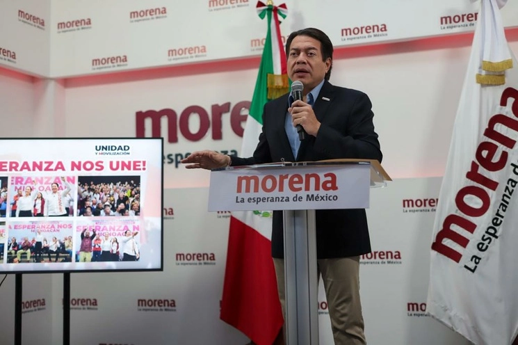 El presidente nacional de Morena, Mario Delgado, durante conferencia de prensa en la sede del partido, en la Ciudad de México, el 19 de septiembre de 2023. Foto Pablo Ramos


