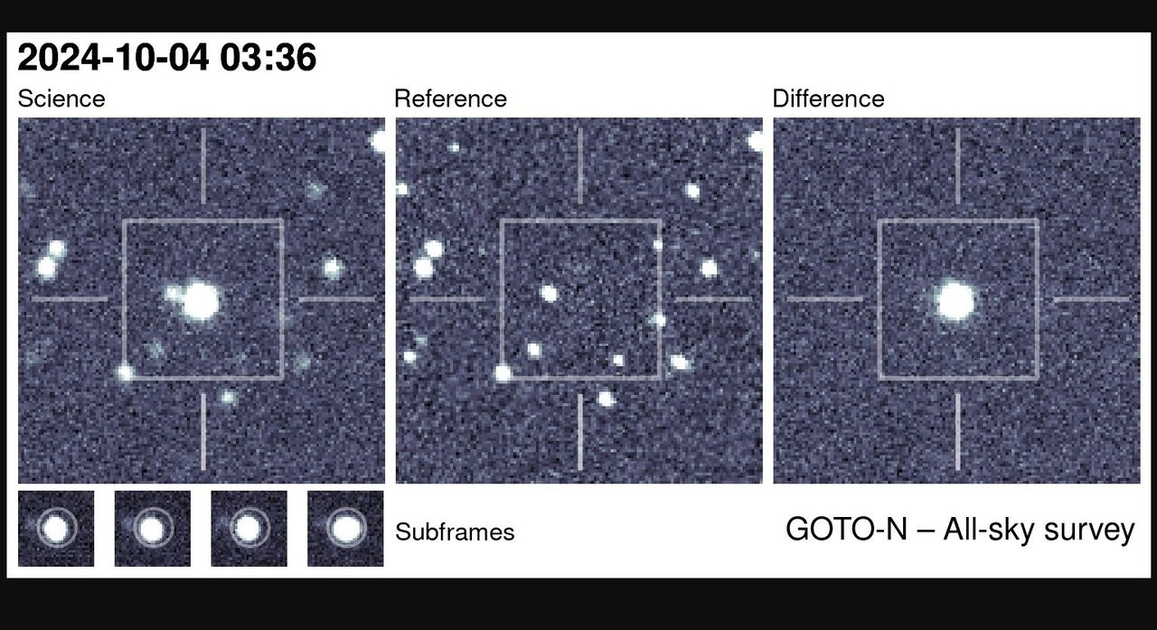 En la imagen, la estrella explosiva denominada GOTO0650, que representa el primer gran descubrimiento del proyecto de astronomía ciudadana Kilonova Seekers.