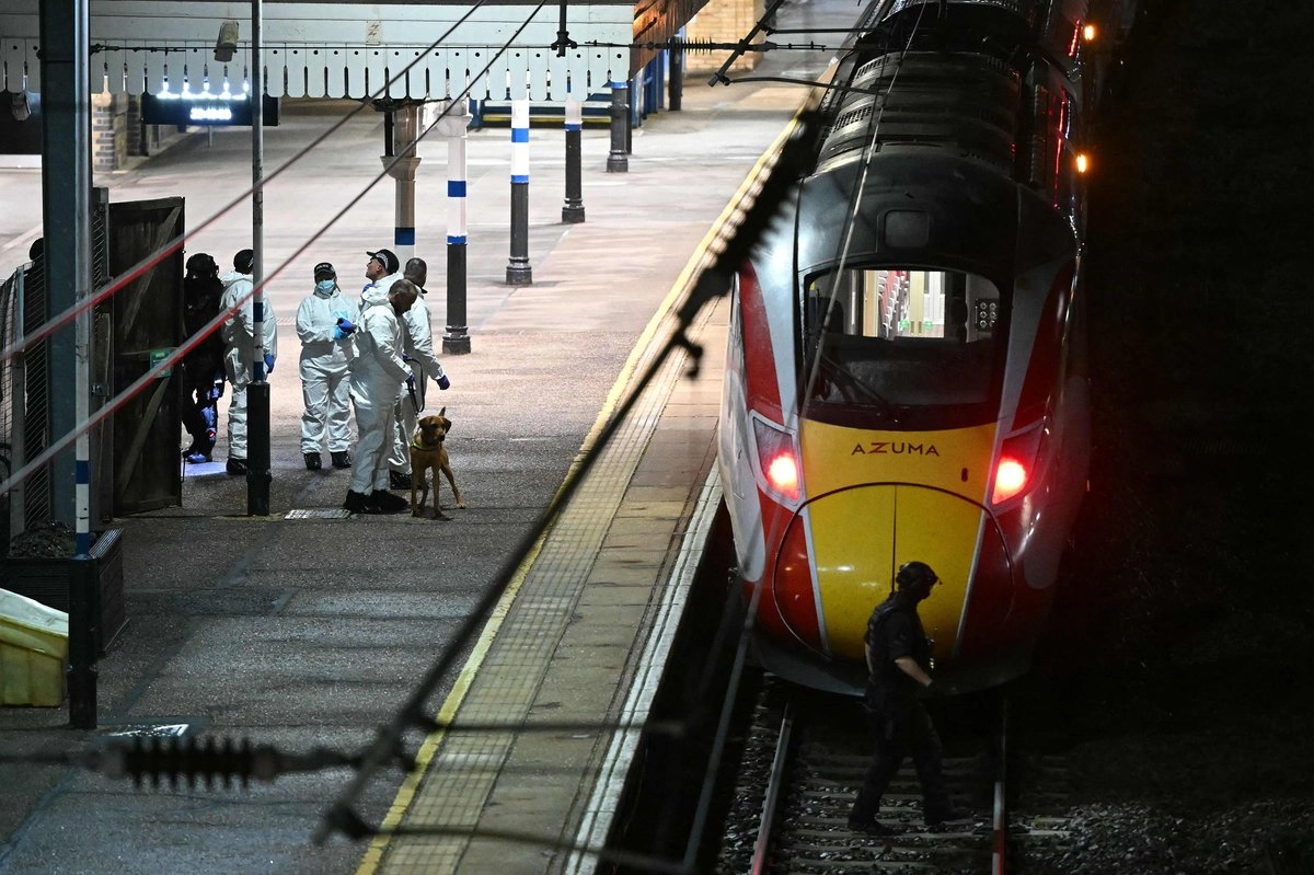 Agentes de policía y un guía canino trabajan en el andén junto a un tren LNER Azuma en la estación de Huntingdon, al este de Inglaterra, el 1 de noviembre de 2025, tras un apuñalamiento en un tren. Foto
