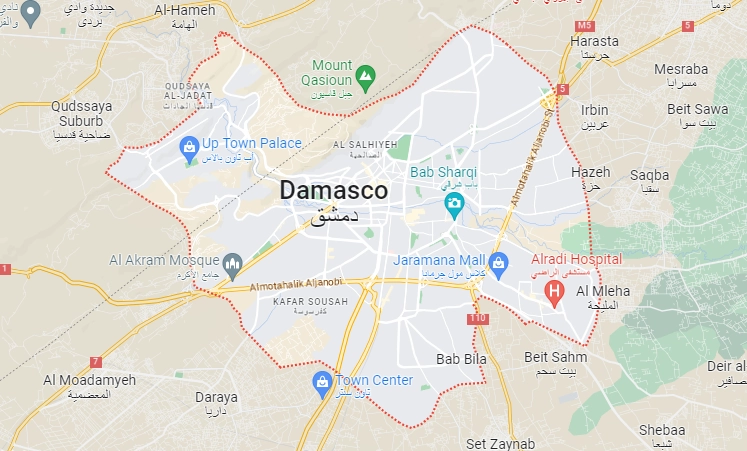 El ataque golpeó un edificio de diez plantas cerca del Centro Cultural Iraní en el barrio de Kafr Sousa, donde tienen su sede algunos ministerios, agencias de seguridad y organismos de inteligencia. Foto Google maps