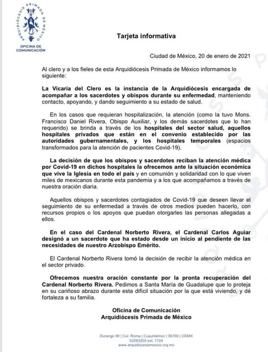 Comunicado de la Arquidiócesis Primada de México 
