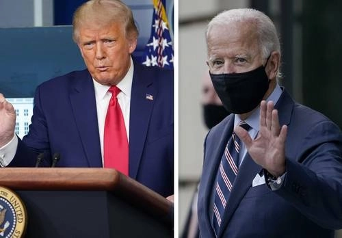 El presidente Donald Trump ayer en rueda de prensa en la Casa Blanca. A la derecha, el candidato demócrata a la presidencial, Joe Biden, luego de varias reuniones con miembros de su campaña en un hotel de Wilmington, Delaware. Foto Afp